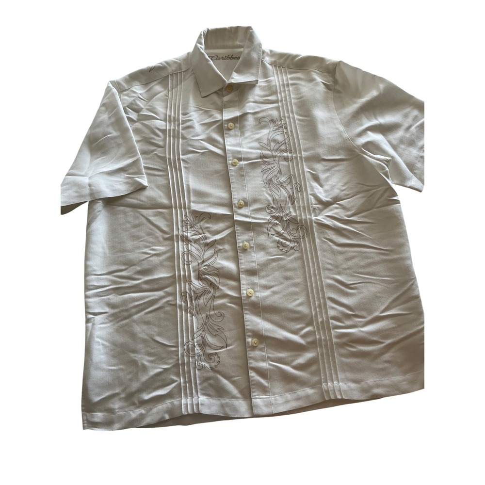Caribbean Mens White Guayabera Shirt Floral Embroidered Short Sleeve Button Down